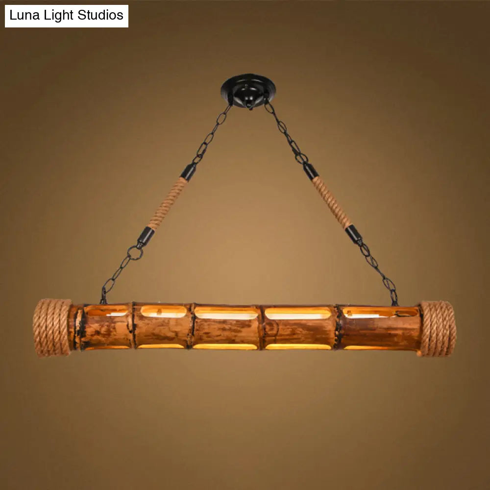 Bamboo Pole Led Suspension Light - Lodge Style Dining Room Island Lamp In Wood