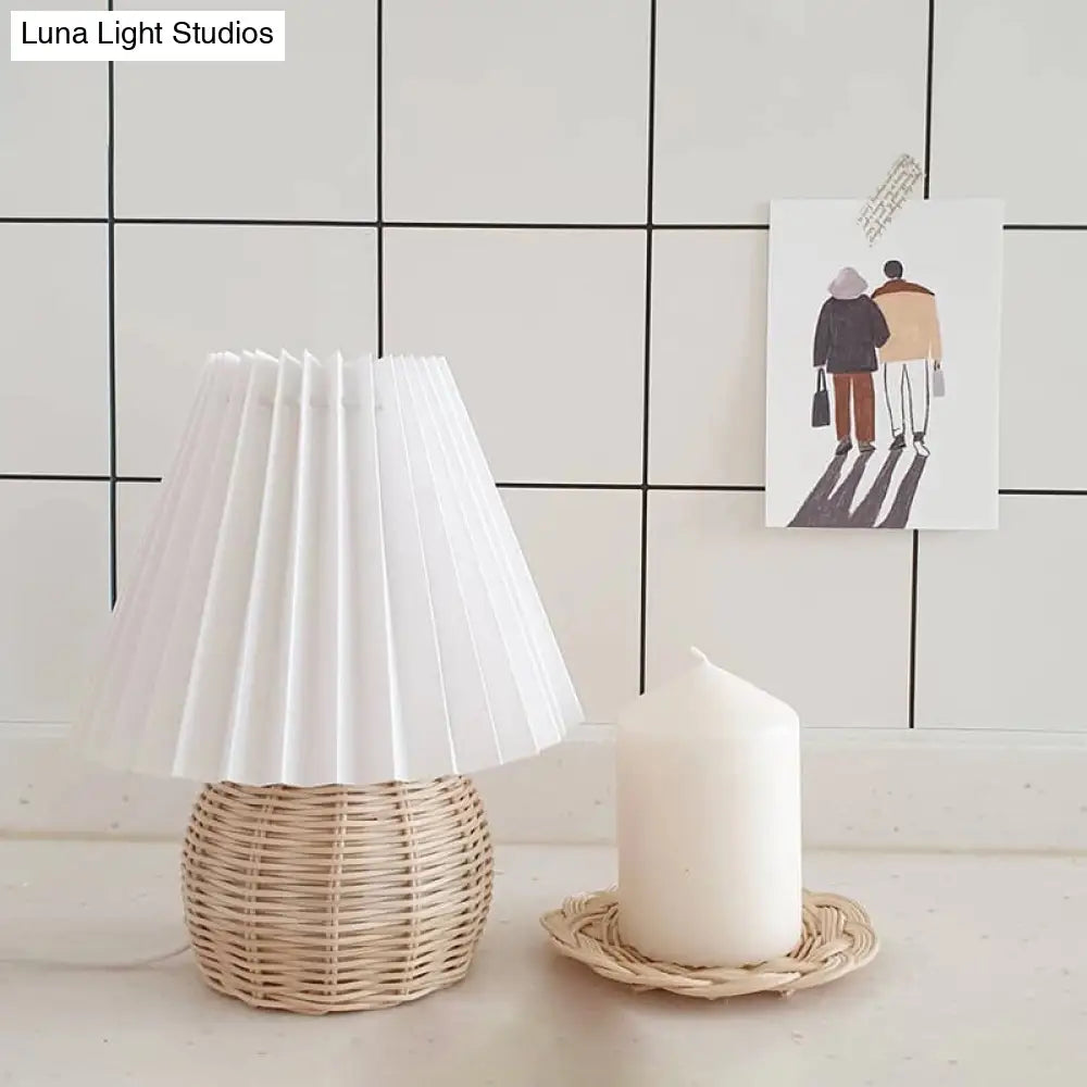 Bamboo Rattan Table Light - Modernist Design 1 Bulb White Night Lamp With Pleated Shade