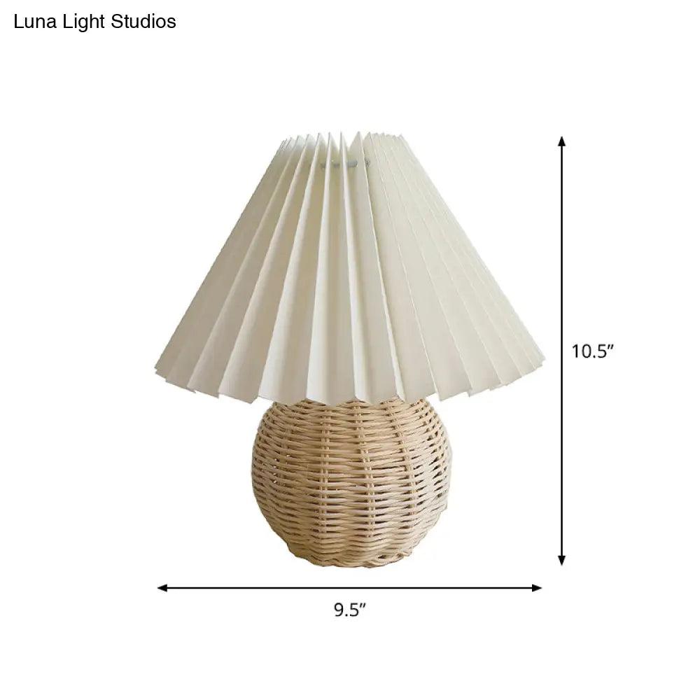 Bamboo Rattan Table Light - Modernist Design 1 Bulb White Night Lamp With Pleated Shade