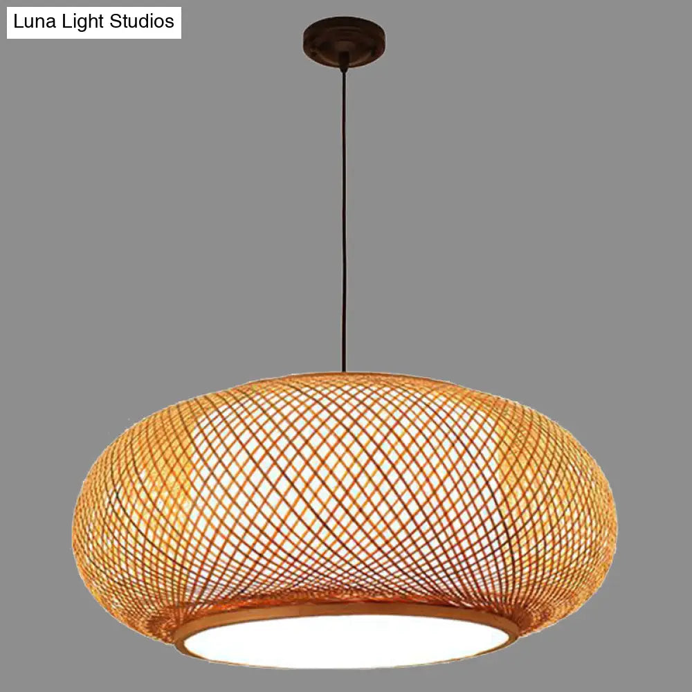 Bamboo Round Lantern Pendant Ceiling Light For Restaurants - Beige With 1