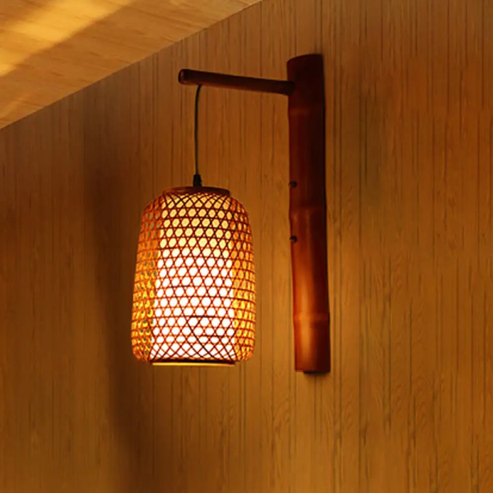 Bamboo Sconce Asia 1-Bulb Wall Mount Light Fixture - Handmade Red Brown Design With Inner White