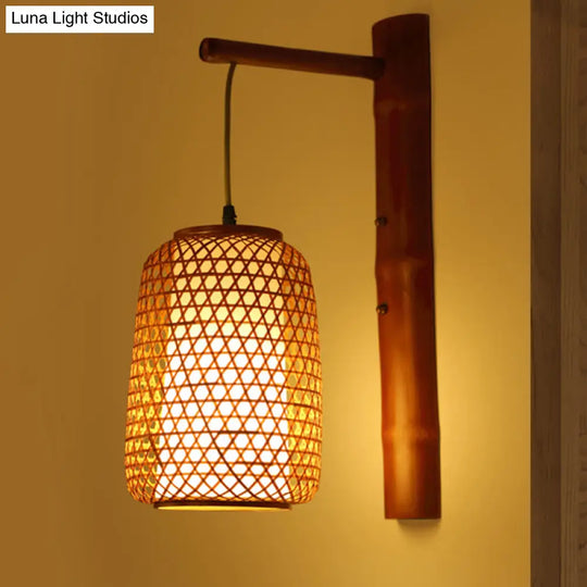 Bamboo Sconce Asia 1-Bulb Wall Mount Light Fixture - Handmade Red Brown Design With Inner White