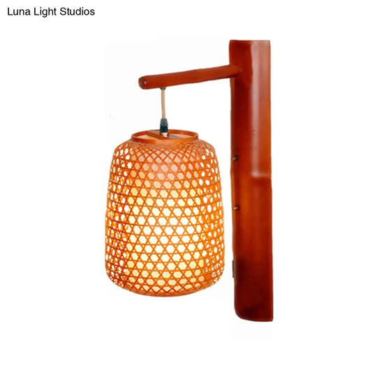 Bamboo Sconce Asia 1-Bulb Wall Mount Light Fixture - Handmade Red Brown Design With Inner White