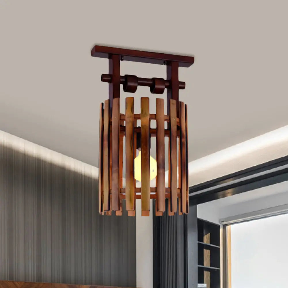 Bamboo Semi-Flush Mount Ceiling Lamp: Oval/Cylinder Cage Country Style Brown With Wood Canopy 1 /