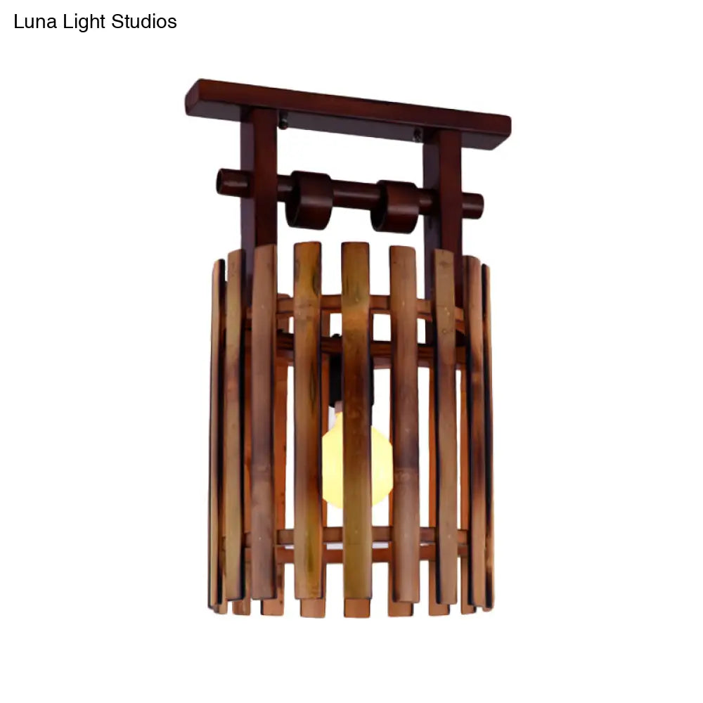 Bamboo Semi-Flush Mount Ceiling Lamp: Oval/Cylinder Cage Country Style Brown With Wood Canopy