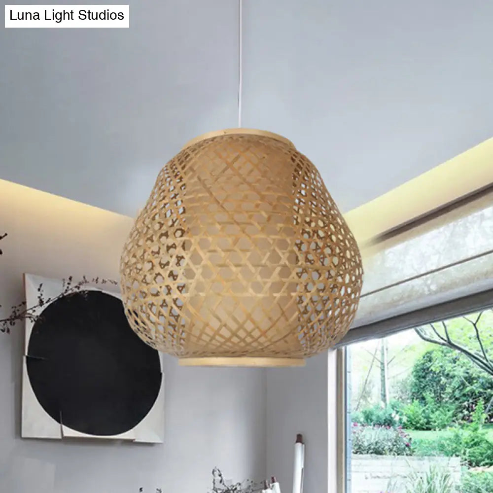 Bamboo Shade Asian Pendant Light With Teardrop Design - Beige Hanging Ceiling Fixture