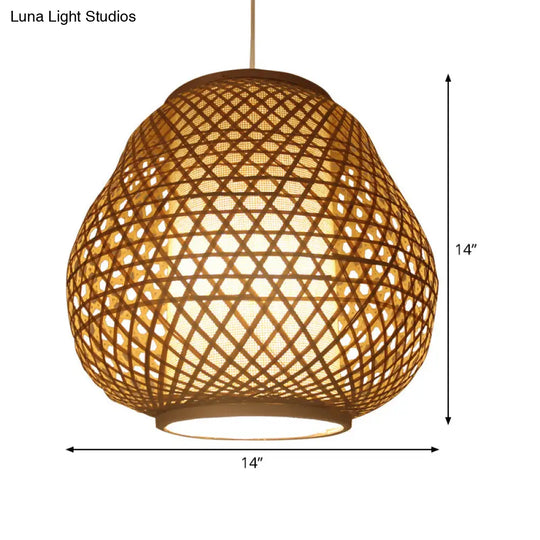 Bamboo Shade Asian Pendant Light With Teardrop Design - Beige Hanging Ceiling Fixture