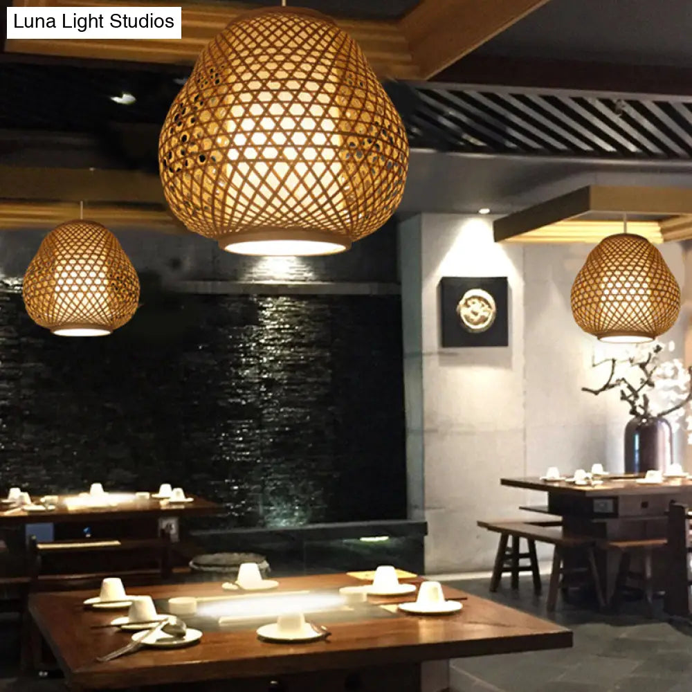 Bamboo Shade Asian Pendant Light With Teardrop Design - Beige Hanging Ceiling Fixture