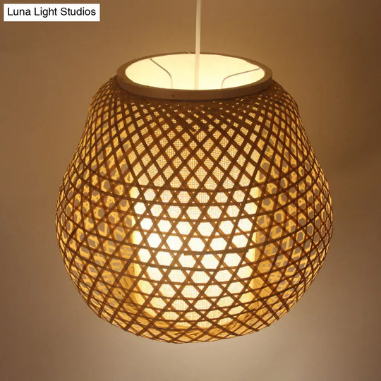 Bamboo Shade Asian Pendant Light With Teardrop Design - Beige Hanging Ceiling Fixture