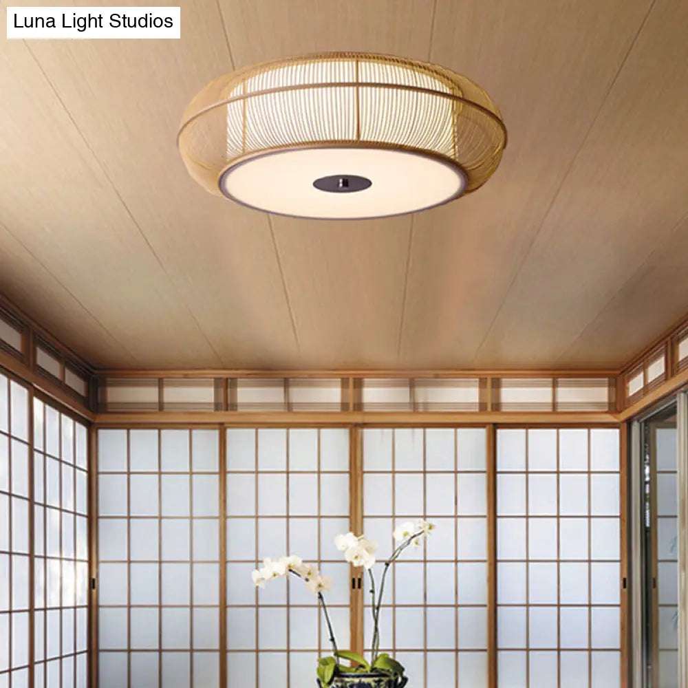 Bamboo Shade Chinese Led Flushmount Ceiling Light In Beige Rounded Drum Design