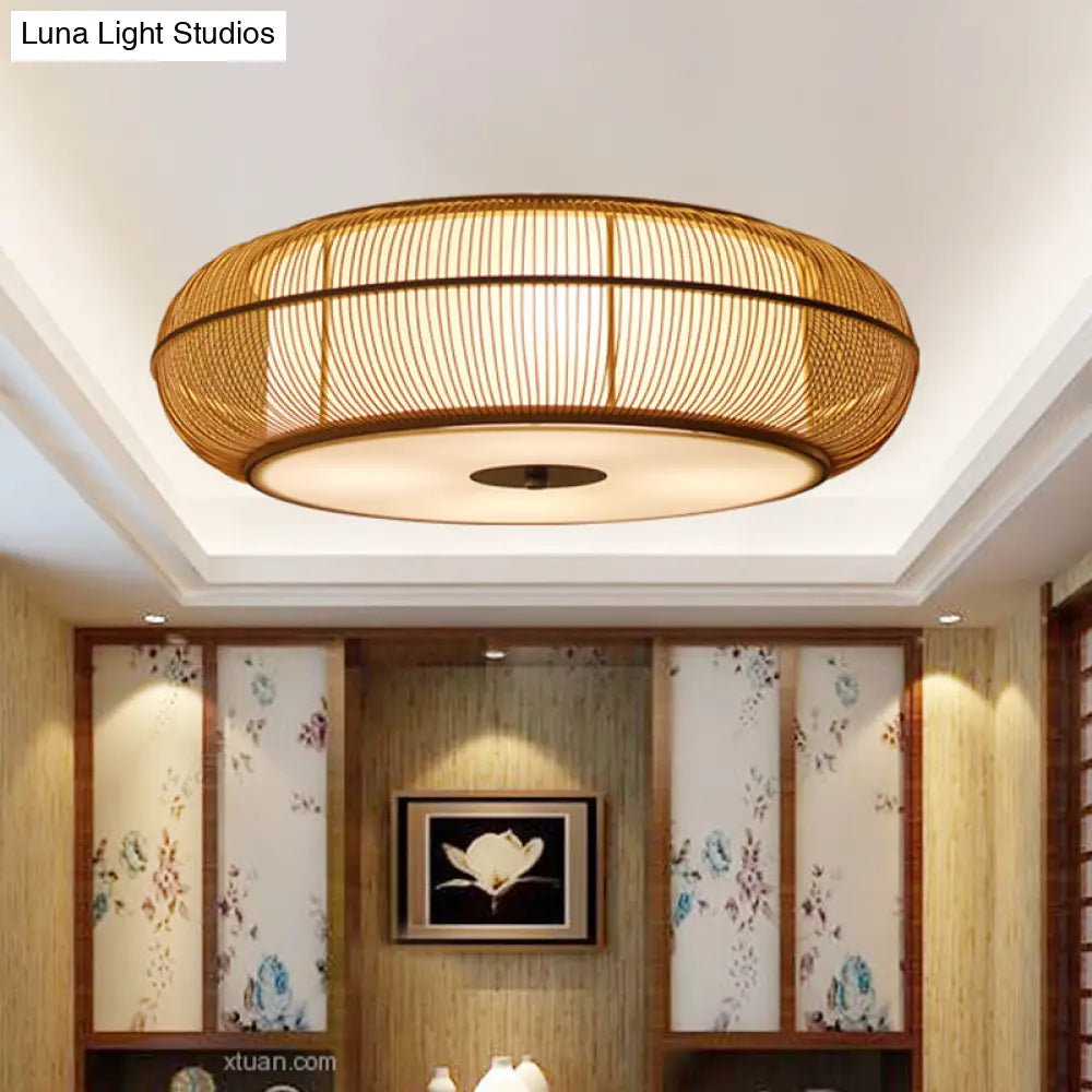 Bamboo Shade Chinese Led Flushmount Ceiling Light In Beige Rounded Drum Design