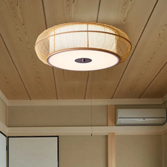 Bamboo Shade Chinese Led Flushmount Ceiling Light In Beige Rounded Drum Design