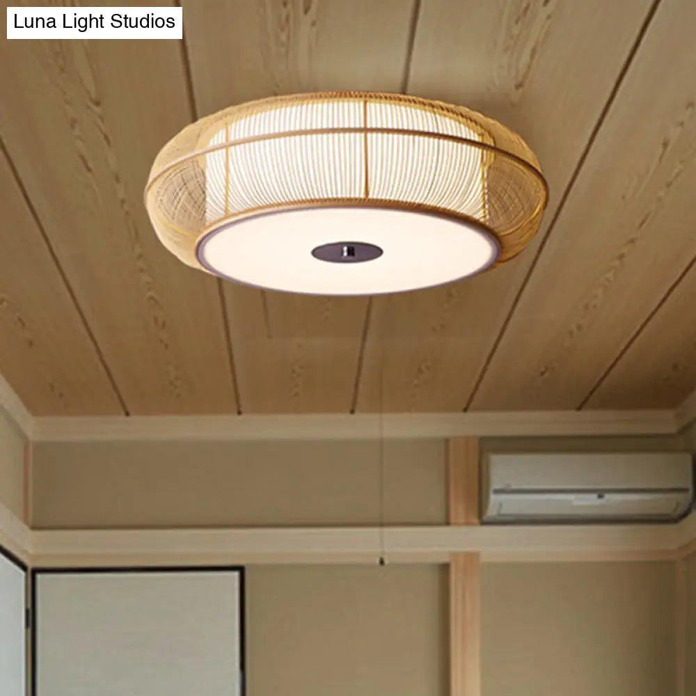 Bamboo Shade Chinese Led Flushmount Ceiling Light In Beige Rounded Drum Design