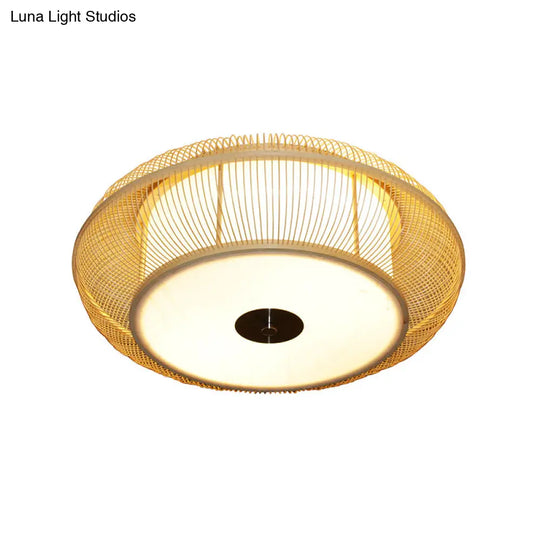 Bamboo Shade Chinese Led Flushmount Ceiling Light In Beige Rounded Drum Design