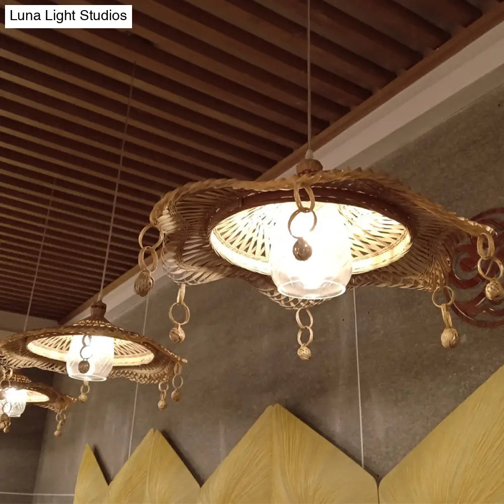 Bamboo Shade Pendant Light: Chinese Down Lighting In Khaki With Wide Flare Design