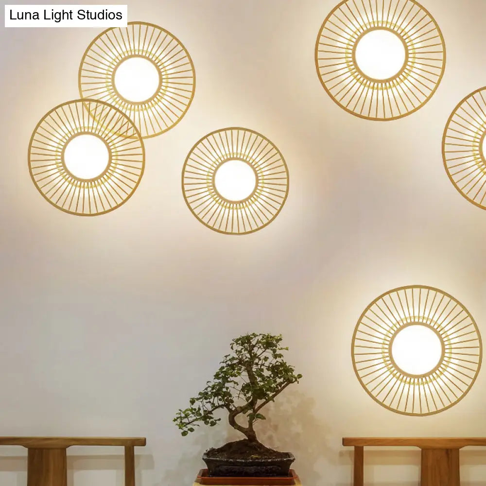 Bamboo Simplicity Led Wall Lighting: Wheel-Shaped Wood Mount Light For Living Room