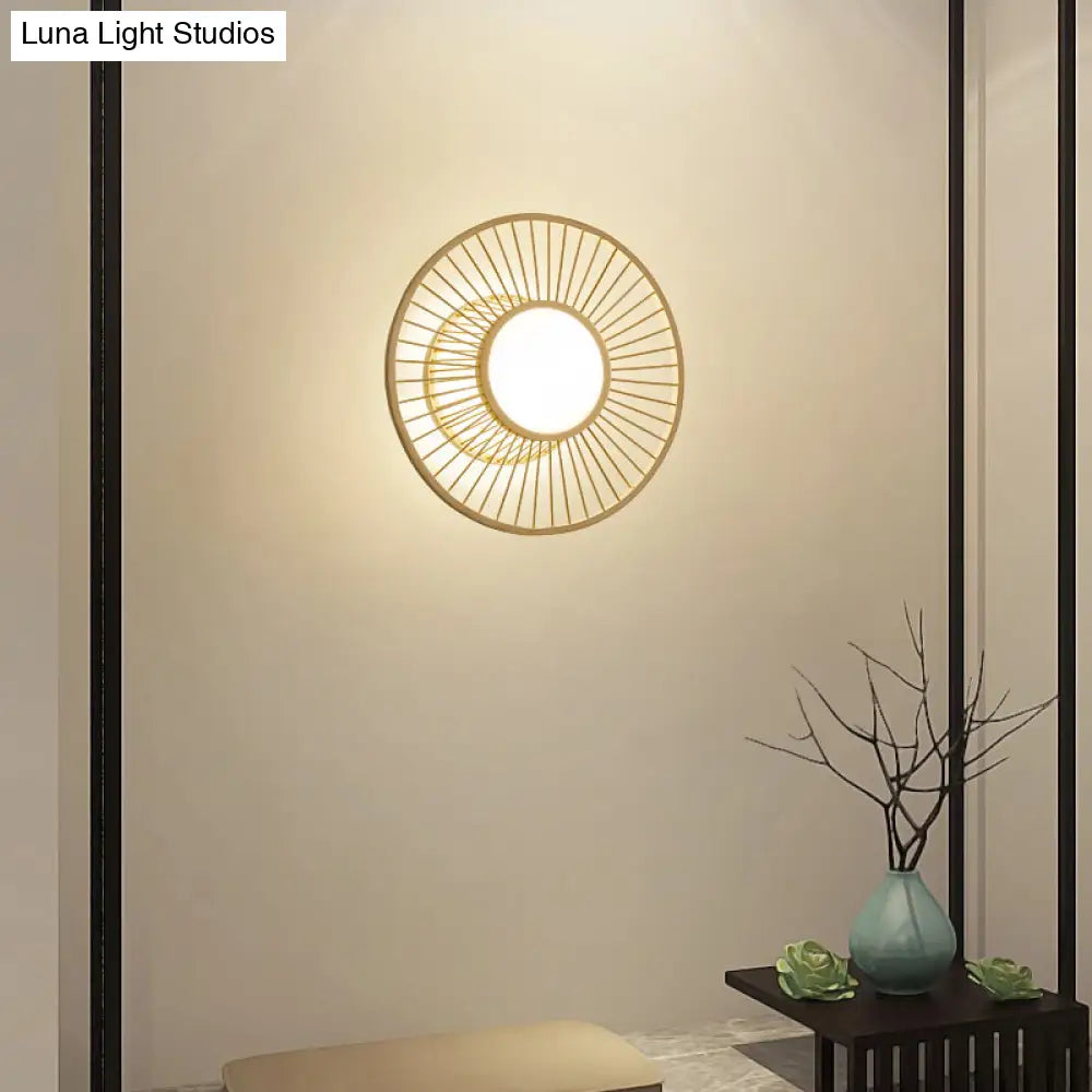 Bamboo Simplicity Led Wall Lighting: Wheel-Shaped Wood Mount Light For Living Room