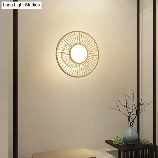 Bamboo Simplicity Led Wall Lighting: Wheel-Shaped Wood Mount Light For Living Room