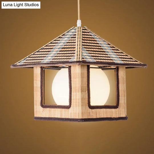 Bamboo Single Bedside Pendant Lamp - Asian Lodge Style With Milk Glass Shade