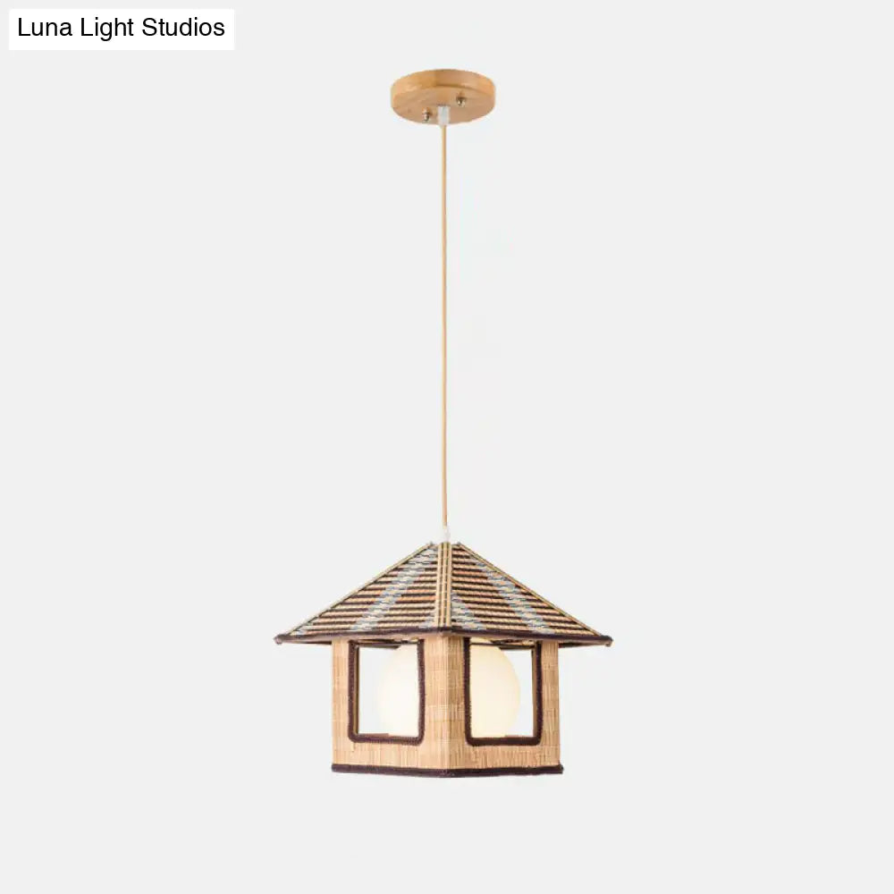 Bamboo Single Bedside Pendant Lamp - Asian Lodge Style With Milk Glass Shade