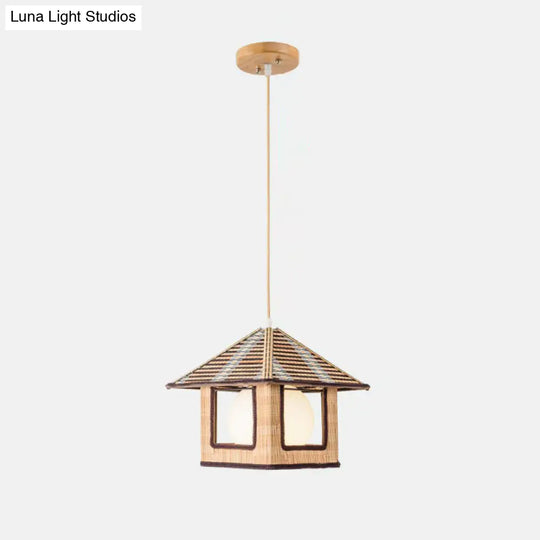 Bamboo Single Bedside Pendant Lamp - Asian Lodge Style With Milk Glass Shade