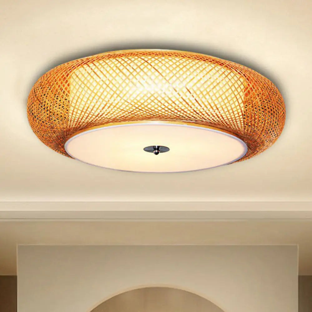 Bamboo Single Curved Drum Flush Mount Ceiling Light - Asia - Inspired Wood Design For Living Room /