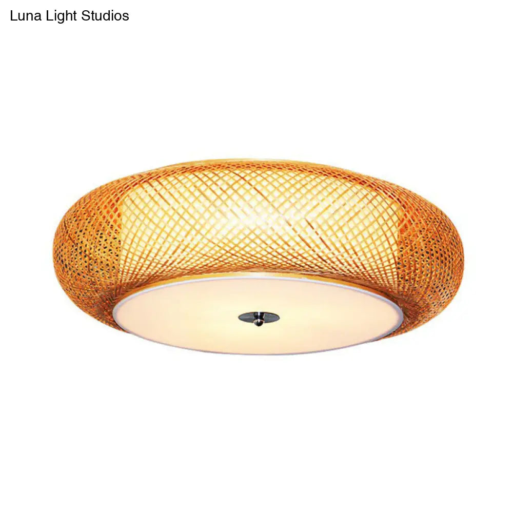 Bamboo Single Curved Drum Flush Mount Ceiling Light - Asia - Inspired Wood Design For Living Room