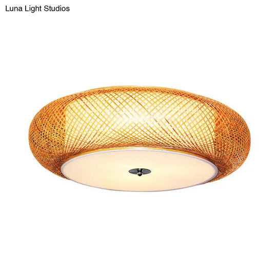 Bamboo Single Curved Drum Flush Mount Ceiling Light - Asia - Inspired Wood Design For Living Room