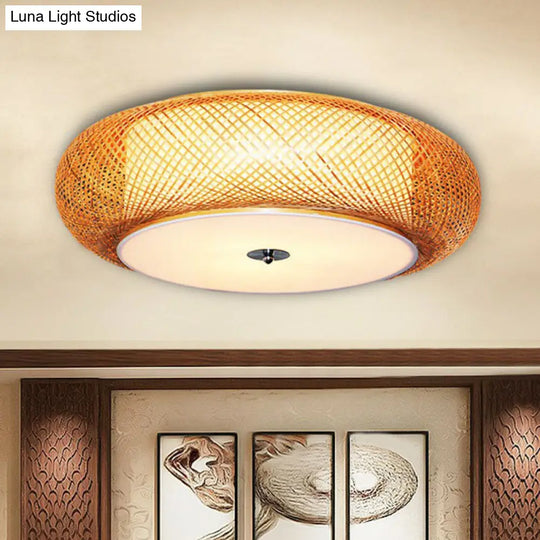 Bamboo Single Curved Drum Flush Mount Ceiling Light - Asia - Inspired Wood Design For Living Room