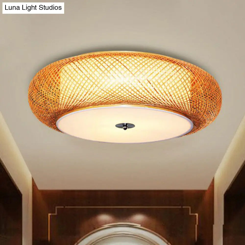 Bamboo Single Curved Drum Flush Mount Ceiling Light - Asia-Inspired Wood Design For Living Room