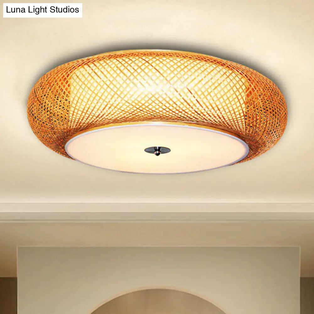 Bamboo Single Curved Drum Flush Mount Ceiling Light - Asia-Inspired Wood Design For Living Room / 12