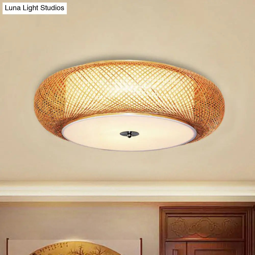 Bamboo Single Curved Drum Flush Mount Ceiling Light - Asia-Inspired Wood Design For Living Room