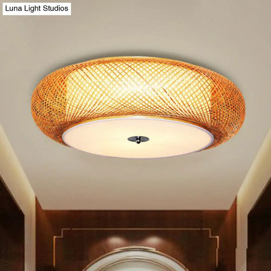 Bamboo Single Curved Drum Flush Mount Ceiling Light - Asia - Inspired Wood Design For Living Room