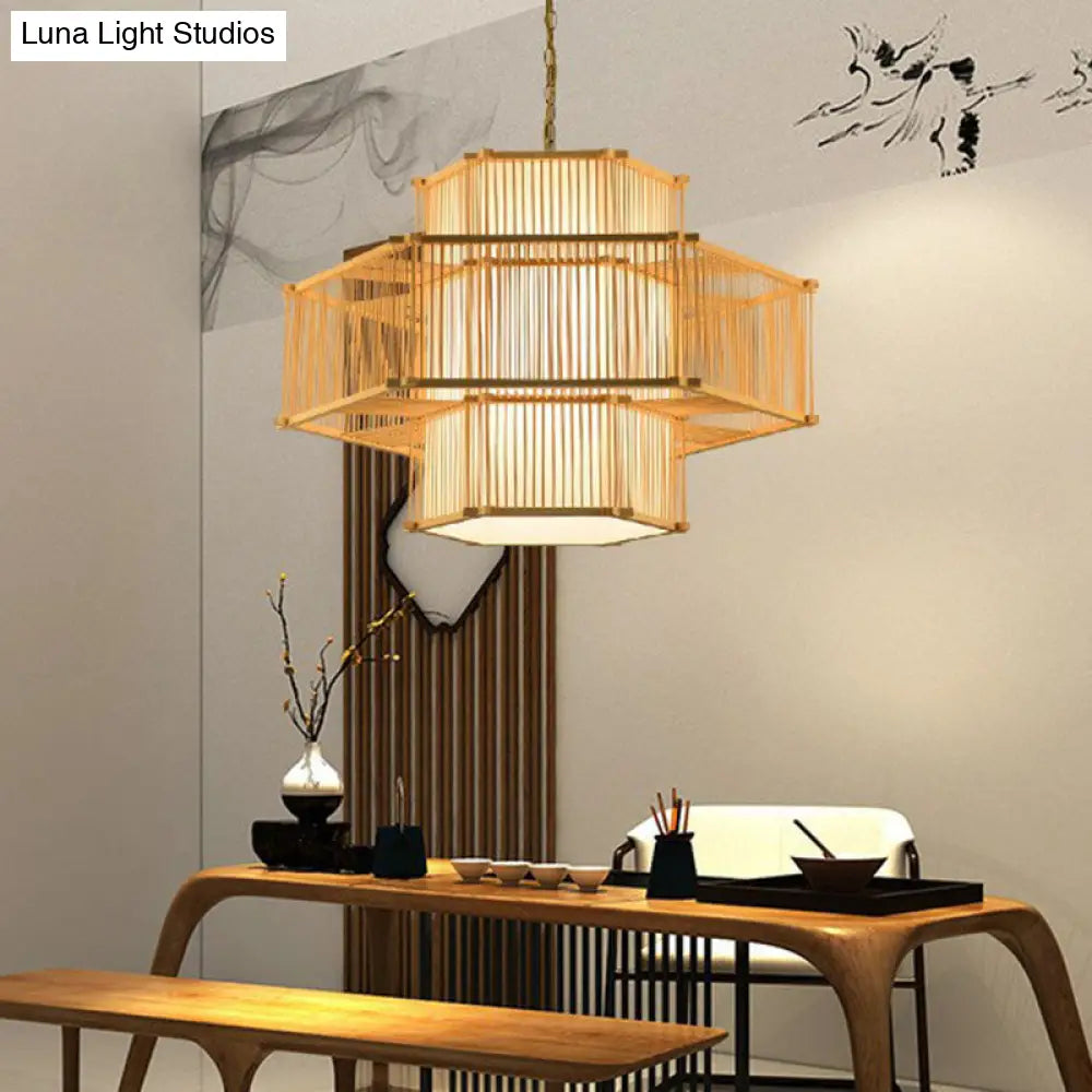 Bamboo Single Pendant Light: Geometric Shape Asian Design For Guest Room