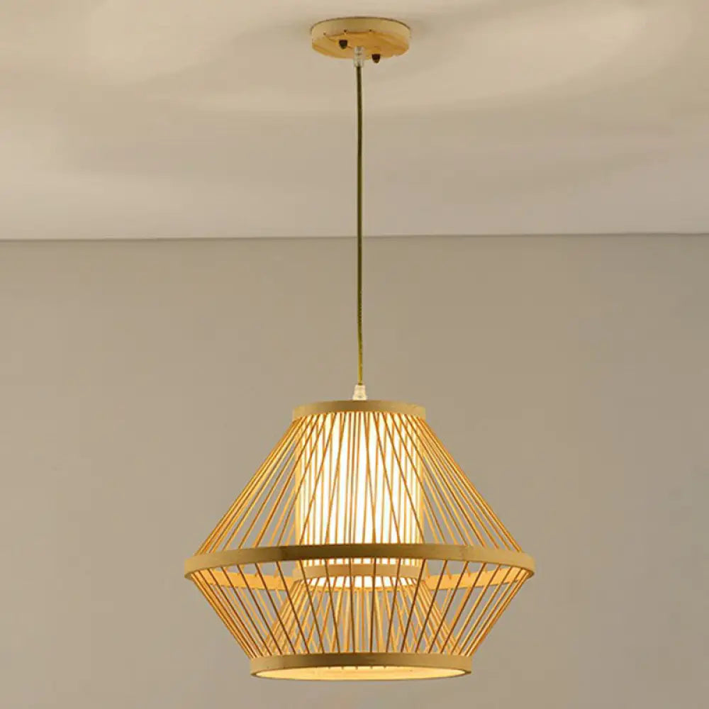 Bamboo Single Pendant Light: Geometric Shape Asian Design For Guest Room Wood / A