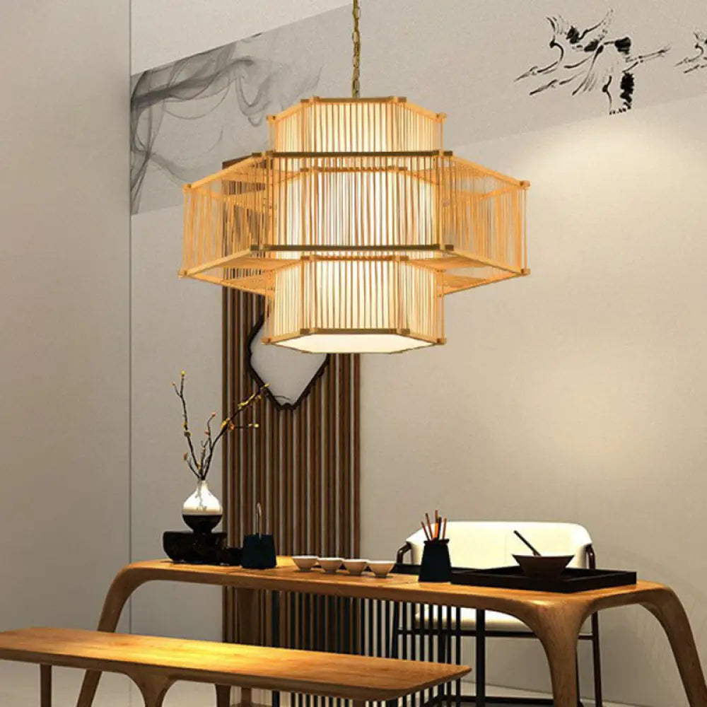 Bamboo Single Pendant Light: Geometric Shape Asian Design For Guest Room Wood / C