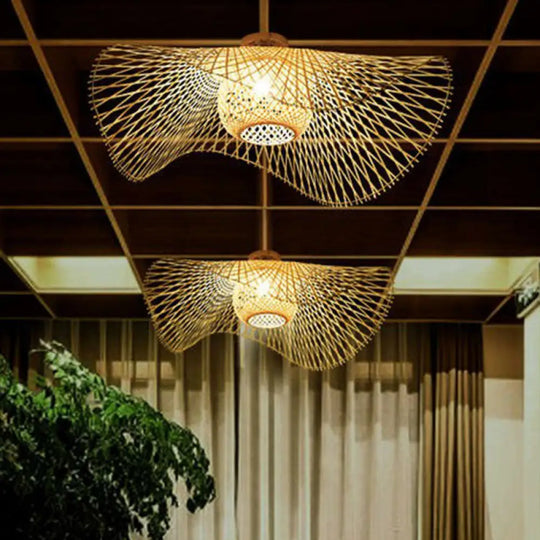 Bamboo Single Wood Flushmount Ceiling Light - South - East Asian Straw Hat Design For Restaurants /