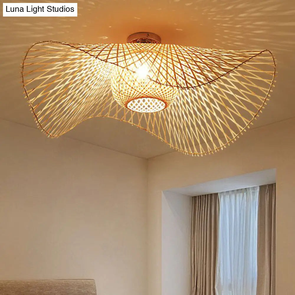 Bamboo Single Wood Flushmount Ceiling Light - South - East Asian Straw Hat Design For Restaurants