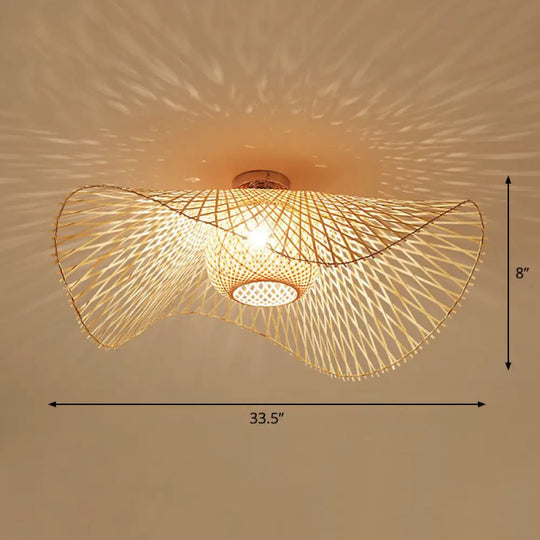 Bamboo Single Wood Flushmount Ceiling Light - South - East Asian Straw Hat Design For Restaurants /