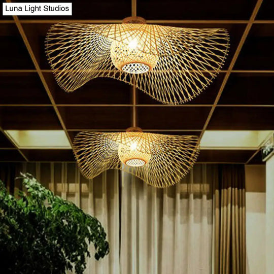 Bamboo Single Wood Flushmount Ceiling Light - South-East Asian Straw Hat Design For Restaurants /