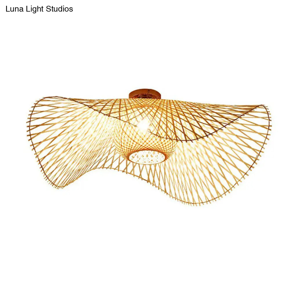 Bamboo Single Wood Flushmount Ceiling Light - South-East Asian Straw Hat Design For Restaurants