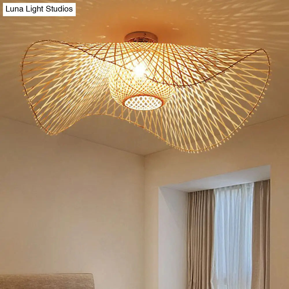 Bamboo Single Wood Flushmount Ceiling Light - South-East Asian Straw Hat Design For Restaurants
