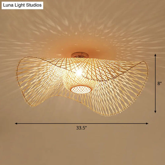 Bamboo Single Wood Flushmount Ceiling Light - South-East Asian Straw Hat Design For Restaurants /