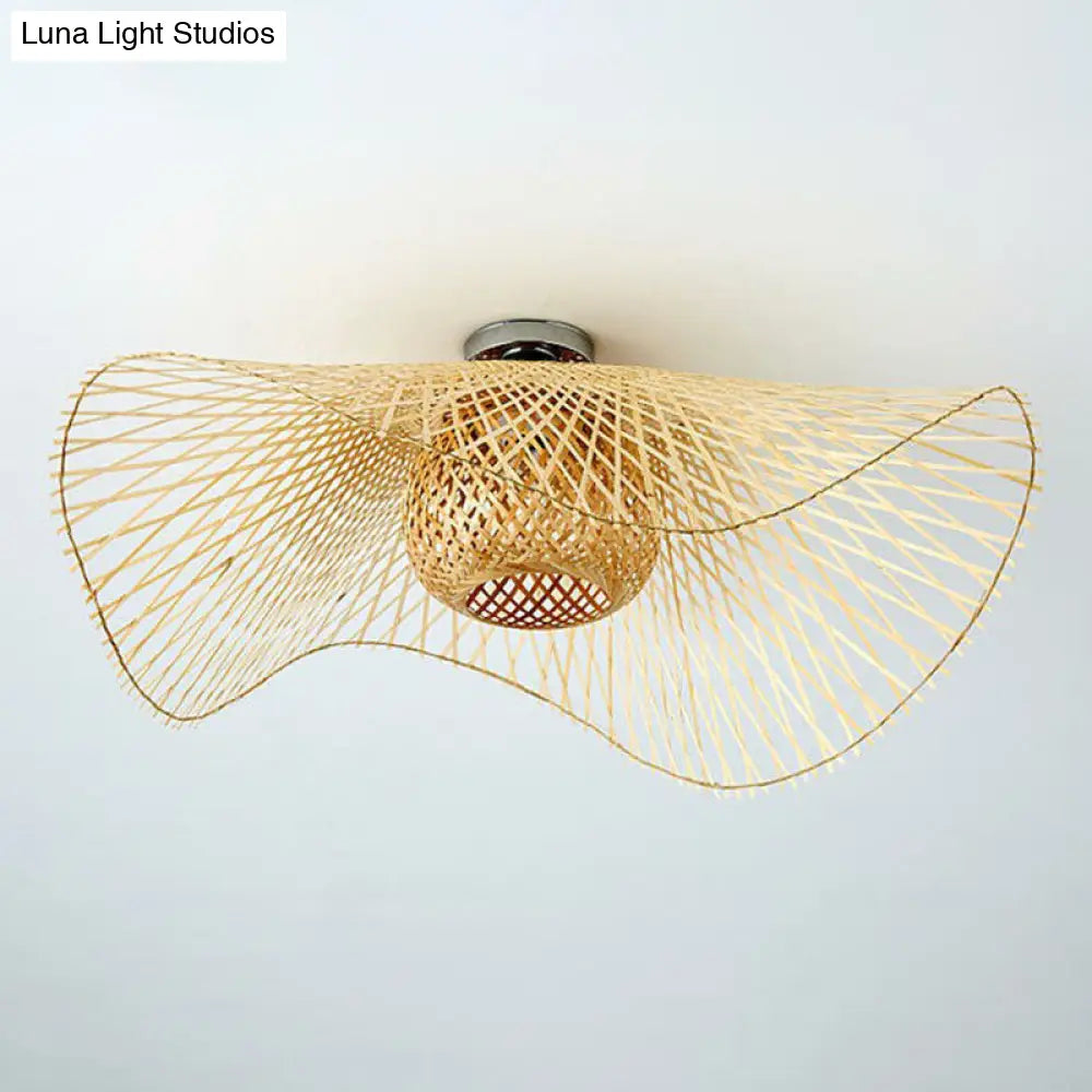 Bamboo Single Wood Flushmount Ceiling Light - South - East Asian Straw Hat Design For Restaurants