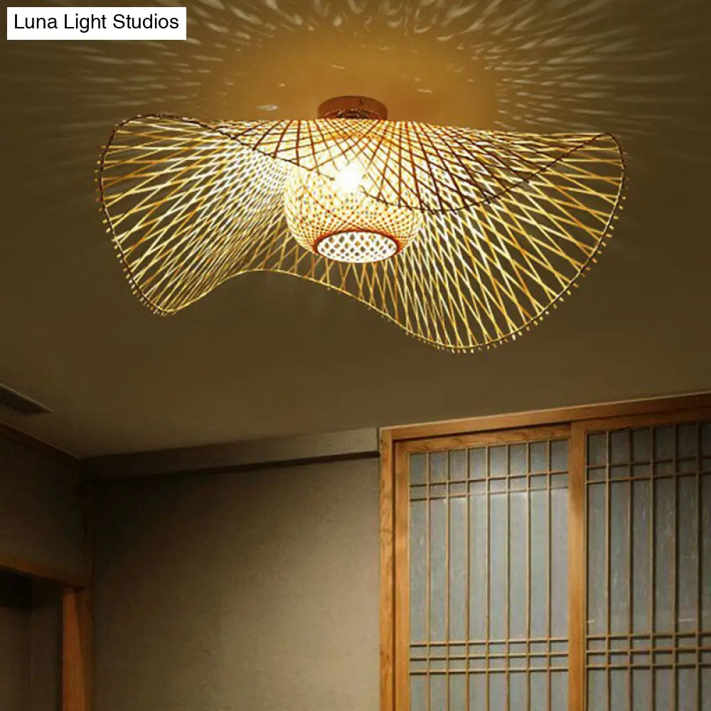 Bamboo Single Wood Flushmount Ceiling Light - South-East Asian Straw Hat Design For Restaurants