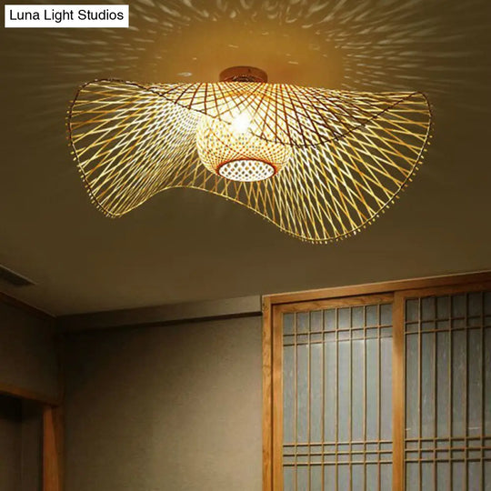 Bamboo Single Wood Flushmount Ceiling Light - South-East Asian Straw Hat Design For Restaurants