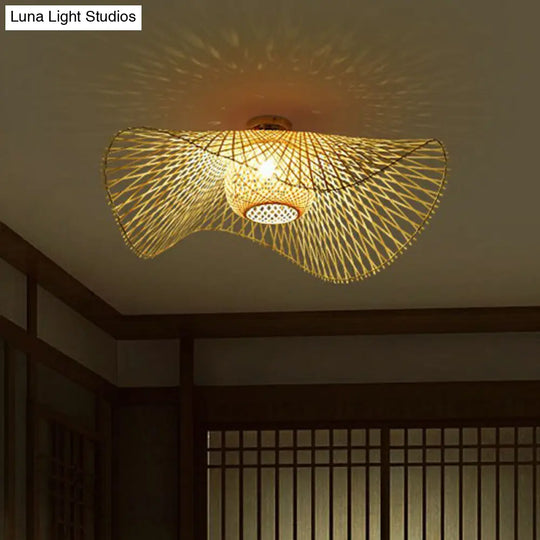 Bamboo Single Wood Flushmount Ceiling Light - South-East Asian Straw Hat Design For Restaurants