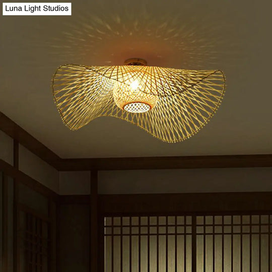 Bamboo Single Wood Flushmount Ceiling Light - South - East Asian Straw Hat Design For Restaurants