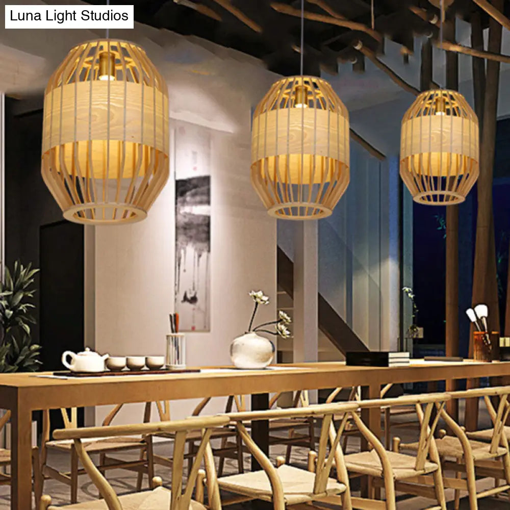 Bamboo Slatted Pendant Light: Asian-Inspired Wood Down Lighting Kit For Table