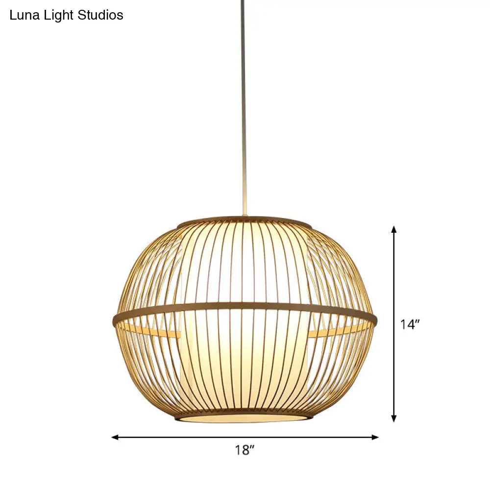 Spherical Bamboo Hanging Lamp - Asian 1 Light 10/14/18 Wide Beige Suspended Lighting Fixture With